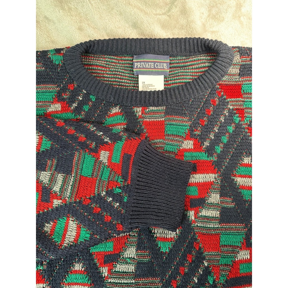 Vintage 90s 3D Knit Textured Sweater Mens 2X Multicolor Geometric Diamond Chunky